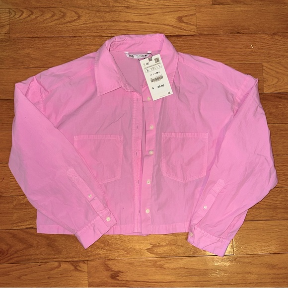 NWT Zara Cropped Shirt Baby Pink Button Down With Pockets Size Large - Picture 3 of 6